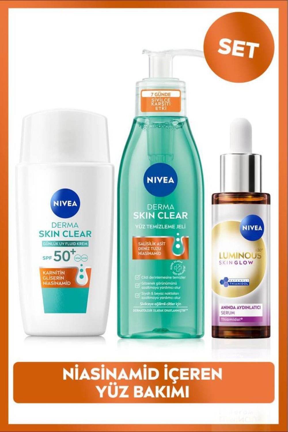 Nivea Luminous630 Skin Glow Illuminating Serum 30ml, Sunscreen Cream and Facial Cleansing Gel, Niacinamide