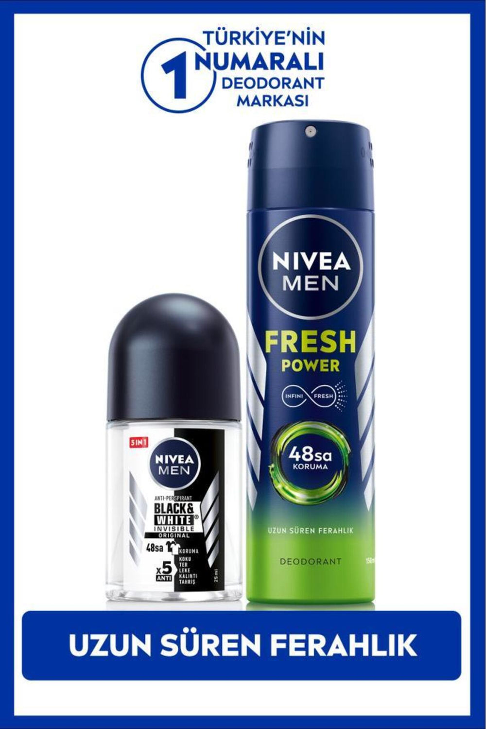 Nivea MEN Men's Spray Deodorant Fresh Power 150ml and Mini Roll-on Black&White Original 25ml, Anti-Sweat