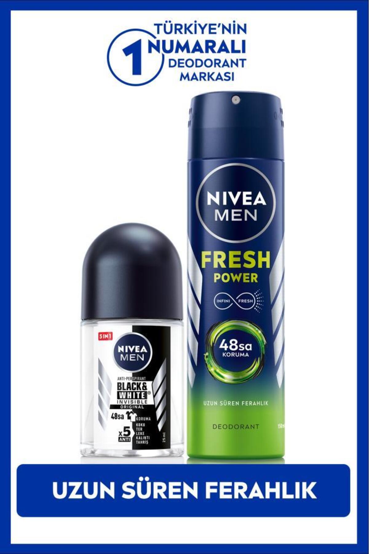 Nivea MEN Men's Spray Deodorant Fresh Power 150ml and Mini Roll-on Black&White Original 25ml, Anti-Sweat