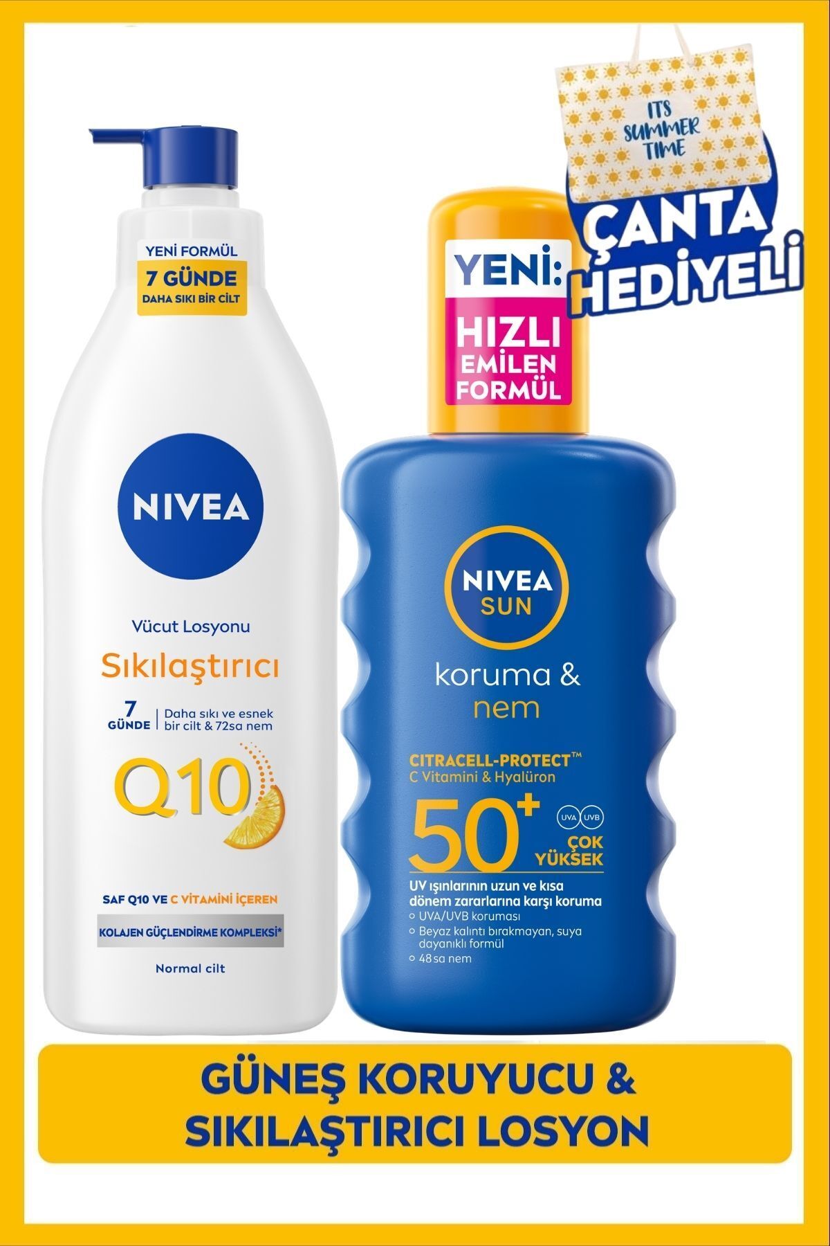 Nivea SUN SPF50+ Sunscreen Body Spray 200ml and Q10 Firming Body Lotion 400ml, Gift Bag