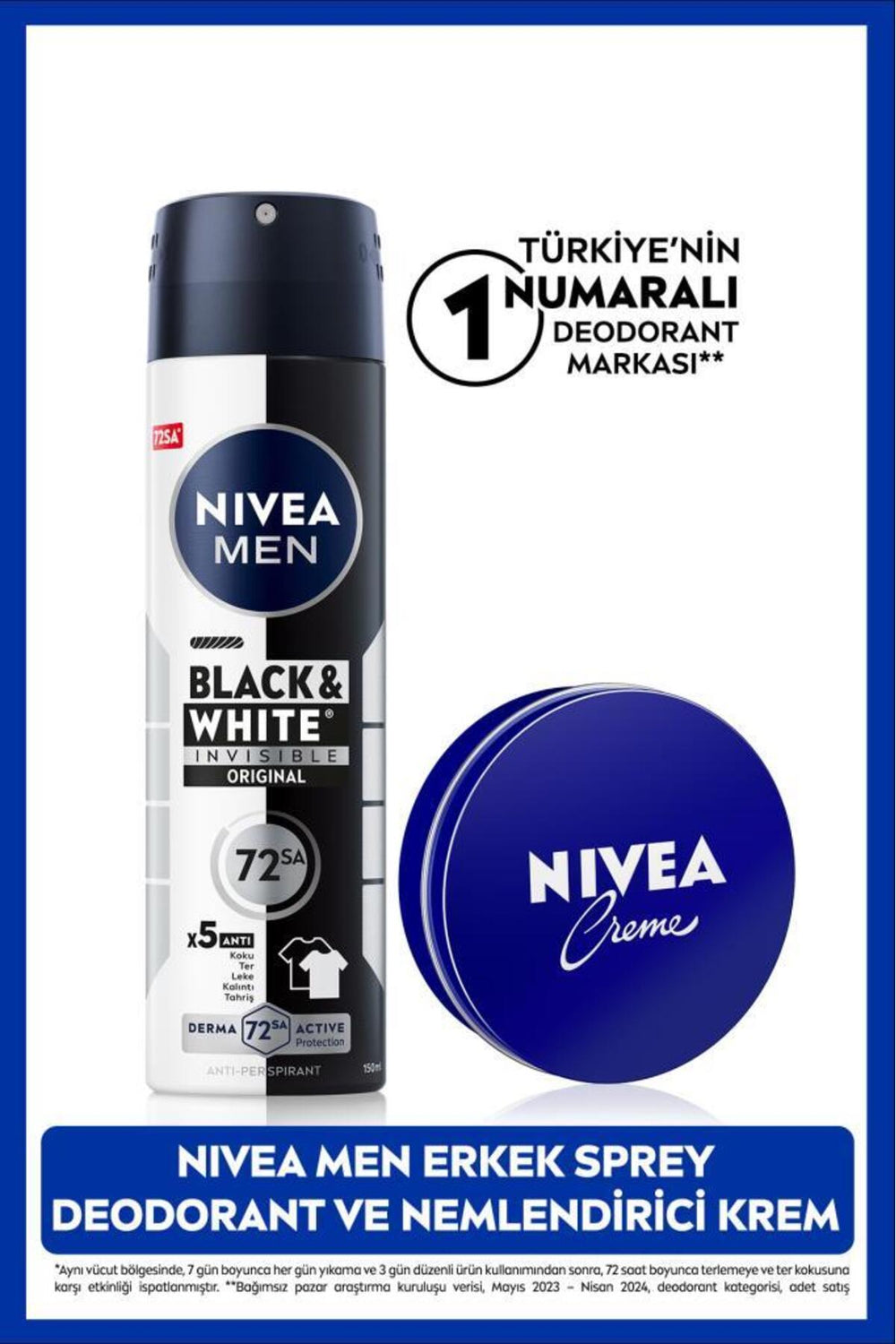 Nivea Creme 30ml and MEN Men's Spray Deodorant Black&White Invisible Original 150ml, 72Hour Anti-perspirant