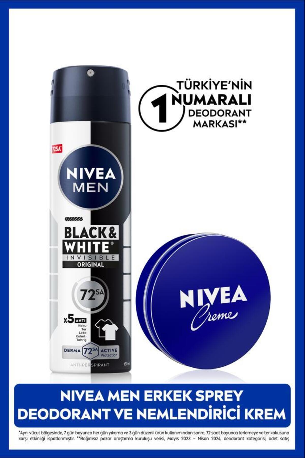 Nivea Creme 30ml and MEN Men's Spray Deodorant Black&White Invisible Original 150ml, 72Hour Anti-perspirant