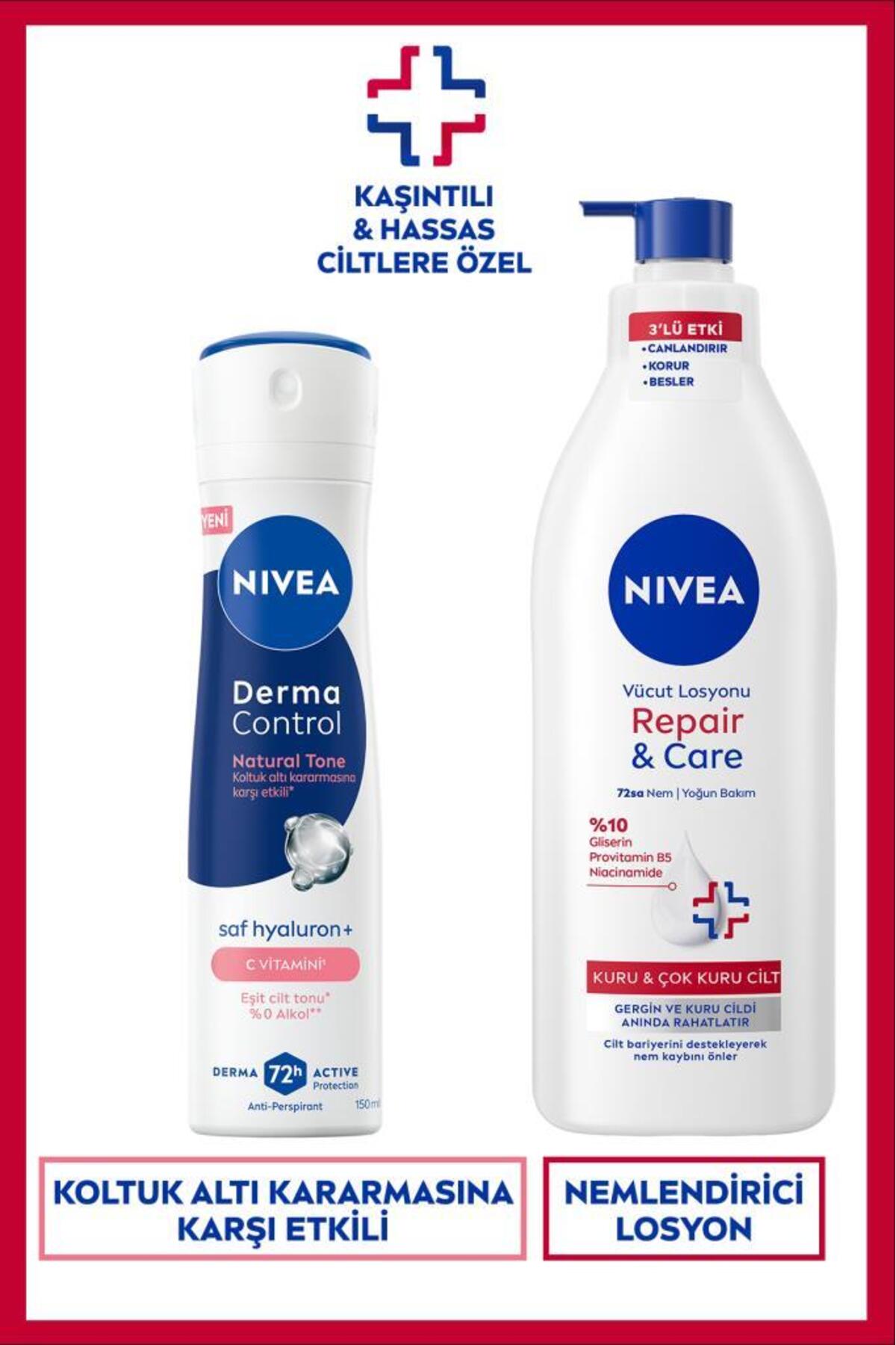 Nivea Women's Spray Deodorant Derma Control Natural Tone 150ml and Repair&Care Moisturizing Body Lotion