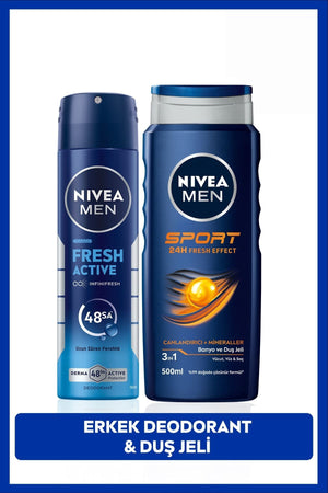 Nivea MEN Men's Spray Deodorant Fresh Active 150ml and Sport Shower Gel 500ml, Masculine Scent, Aluminum-Free