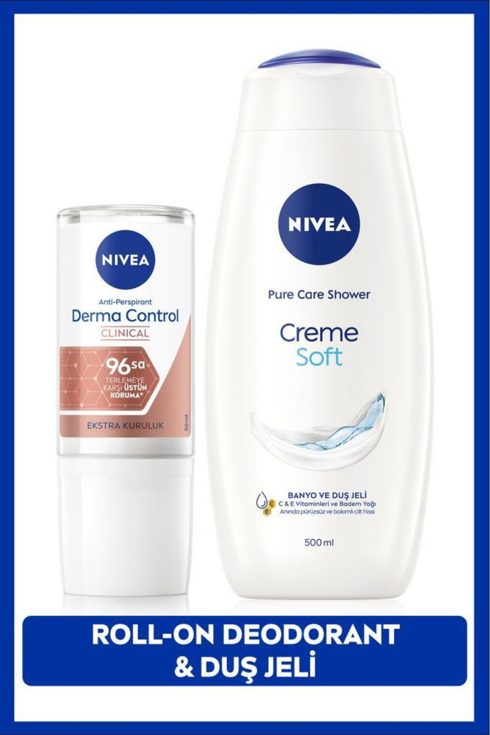Nivea Creme Soft Shower Gel 500ml and Women's Rollon Deodorant Derma Control Clinical 50ml, 96 hours Sweat Protection