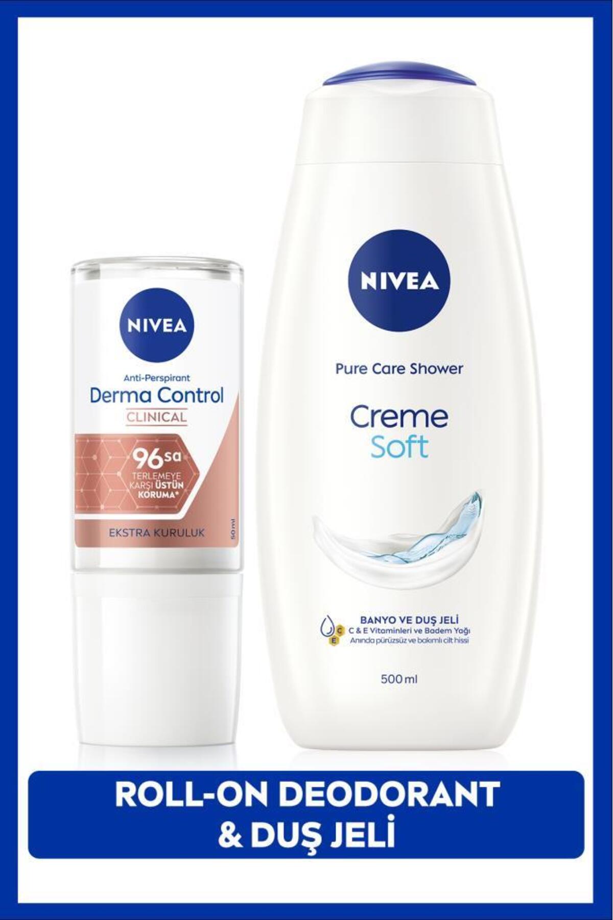 Nivea Creme Soft Shower Gel 500ml and Women's Rollon Deodorant Derma Control Clinical 50ml, 96 hours Sweat Protection
