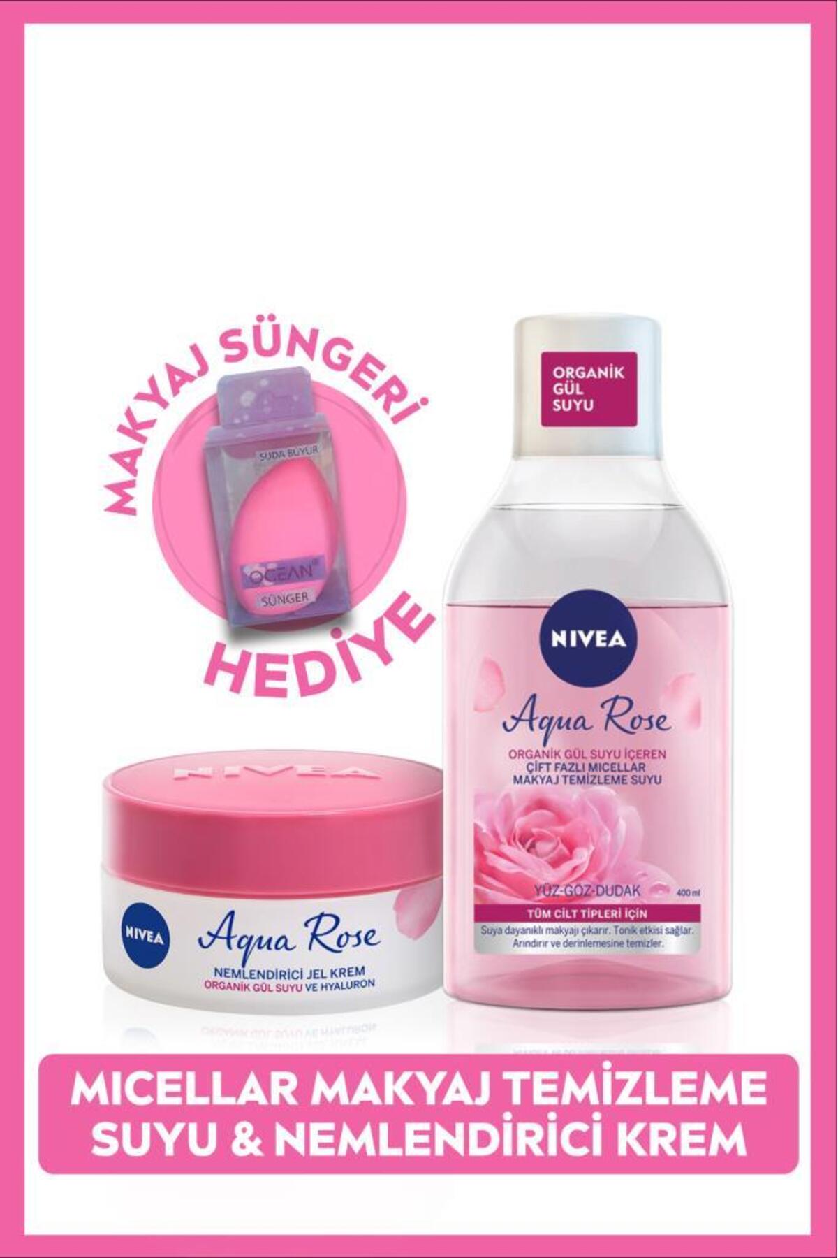 Nivea Aqua Rose Micellar Dual Phase Make-up Cleansing Water 400ml and Moisturizing Cream 50ml, Sponge Hea