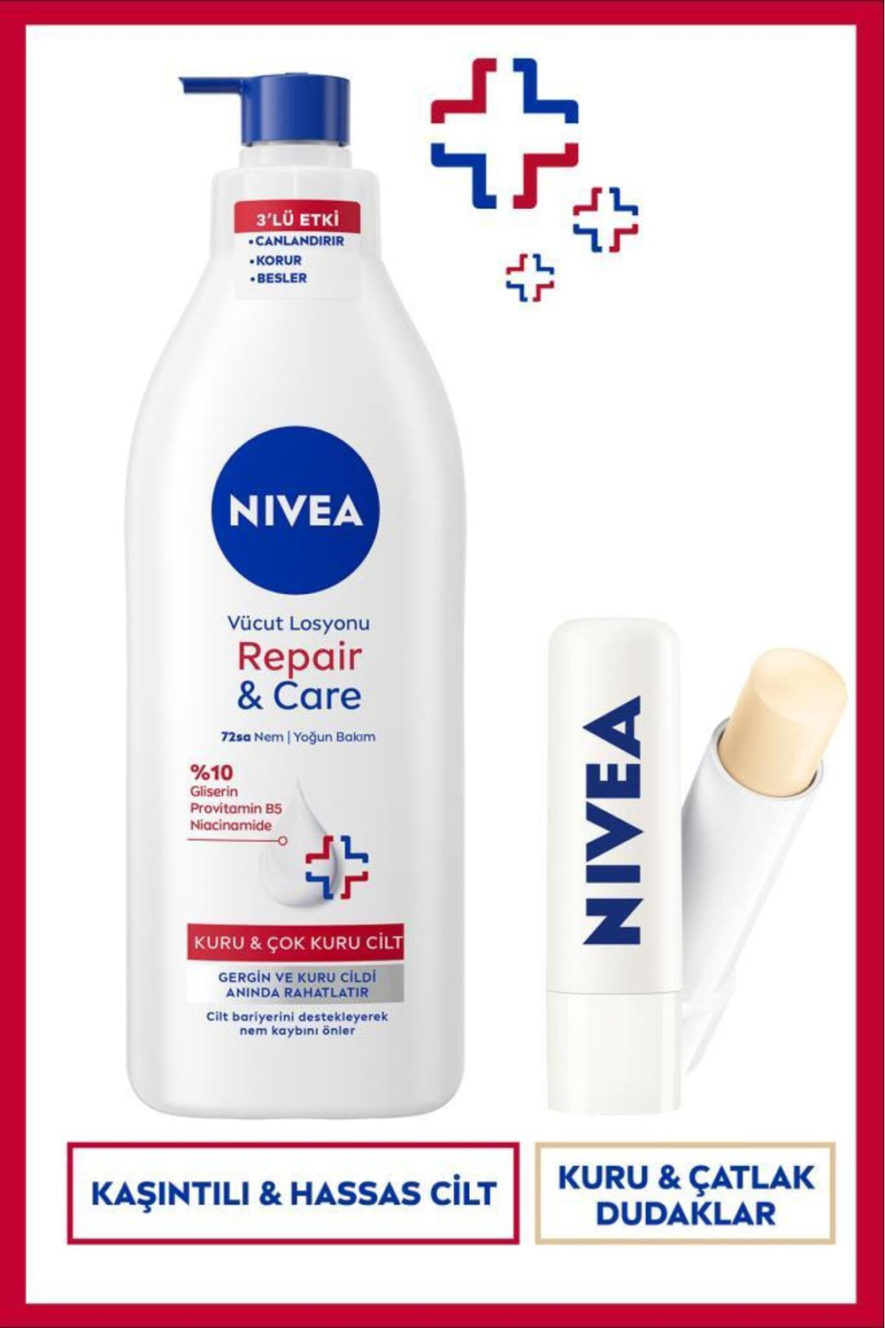 Nivea Repair&Care Intensive Moisturizing Body Lotion 400ml and Moisturizing Lip Cream, Dry Skin Care Set
