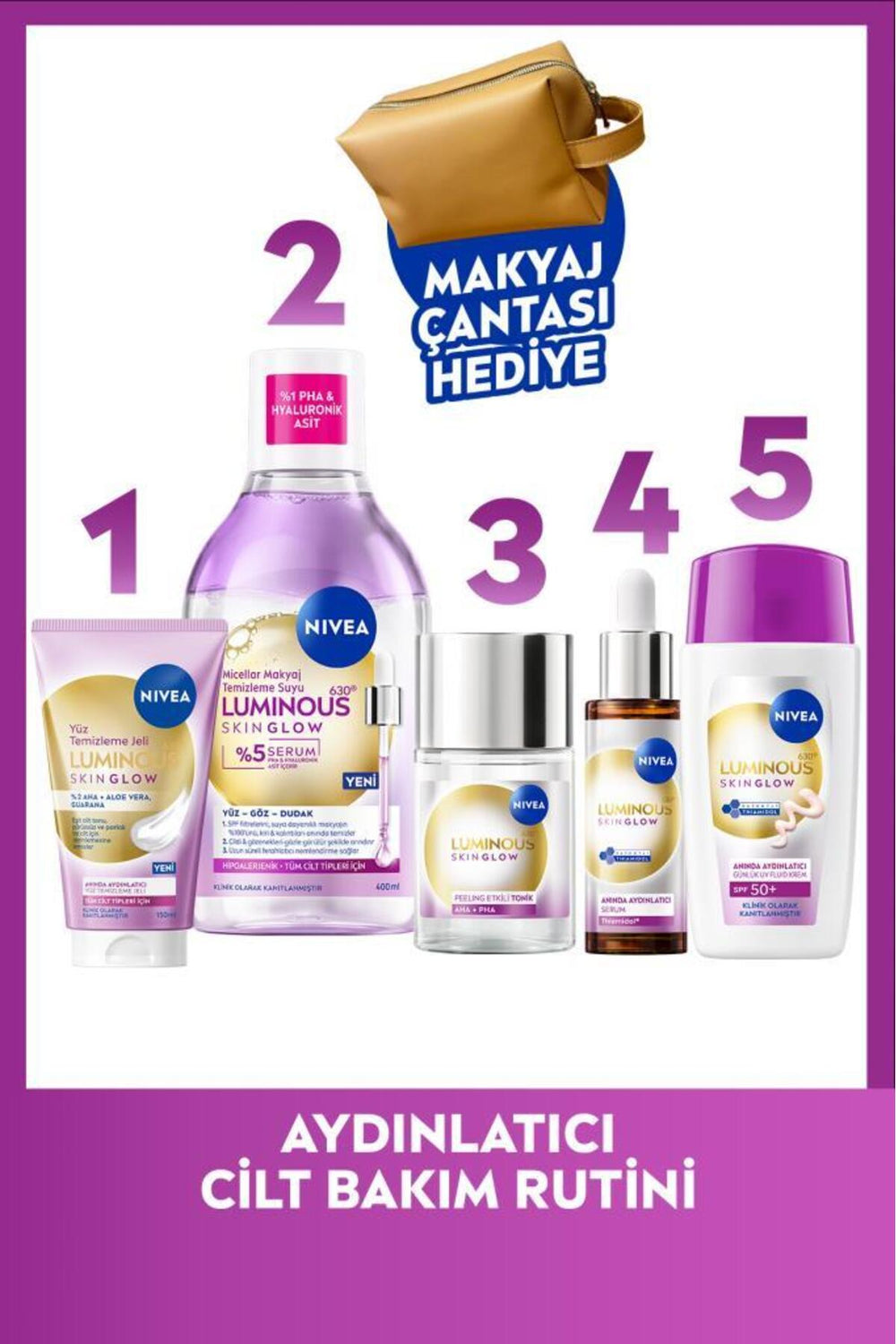 Nivea Brightening Care Routine, Make-up Removing Water, Cleansing Gel, Tonic, Serum and Face Cream, Gift Bag