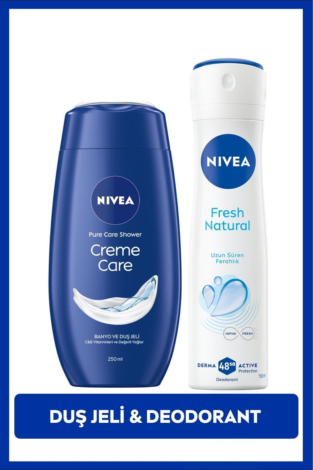 Nivea Creme Care Moisturizing Shower Gel 250ml and Women's Spray Deodorant Fresh Natural 150ml, 48 Hour Protection