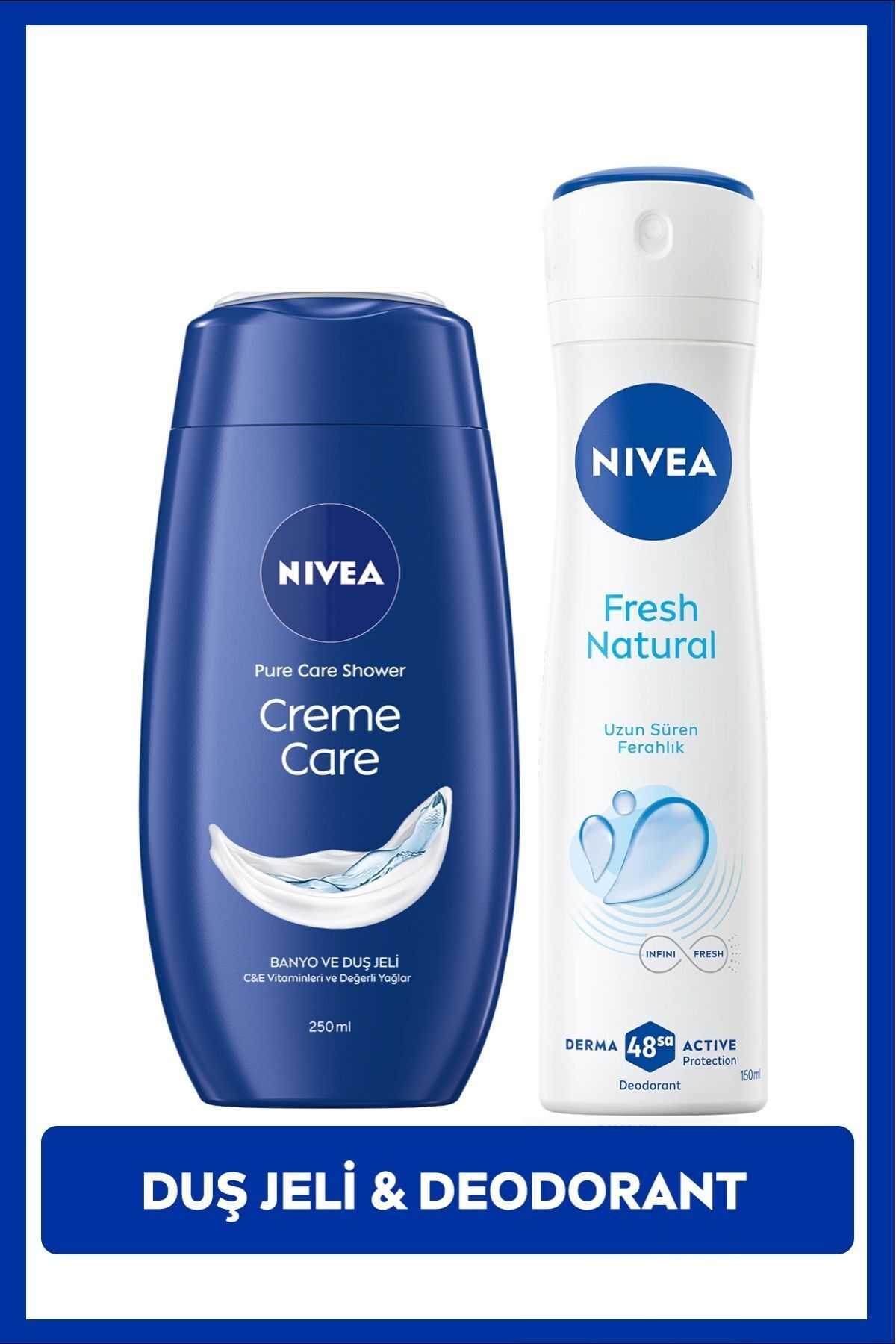 Nivea Creme Care Moisturizing Shower Gel 250ml and Women's Spray Deodorant Fresh Natural 150ml, 48 Hour Protection