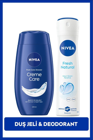 Nivea Creme Care Moisturizing Shower Gel 250ml and Women's Spray Deodorant Fresh Natural 150ml, 48 Hour Protection