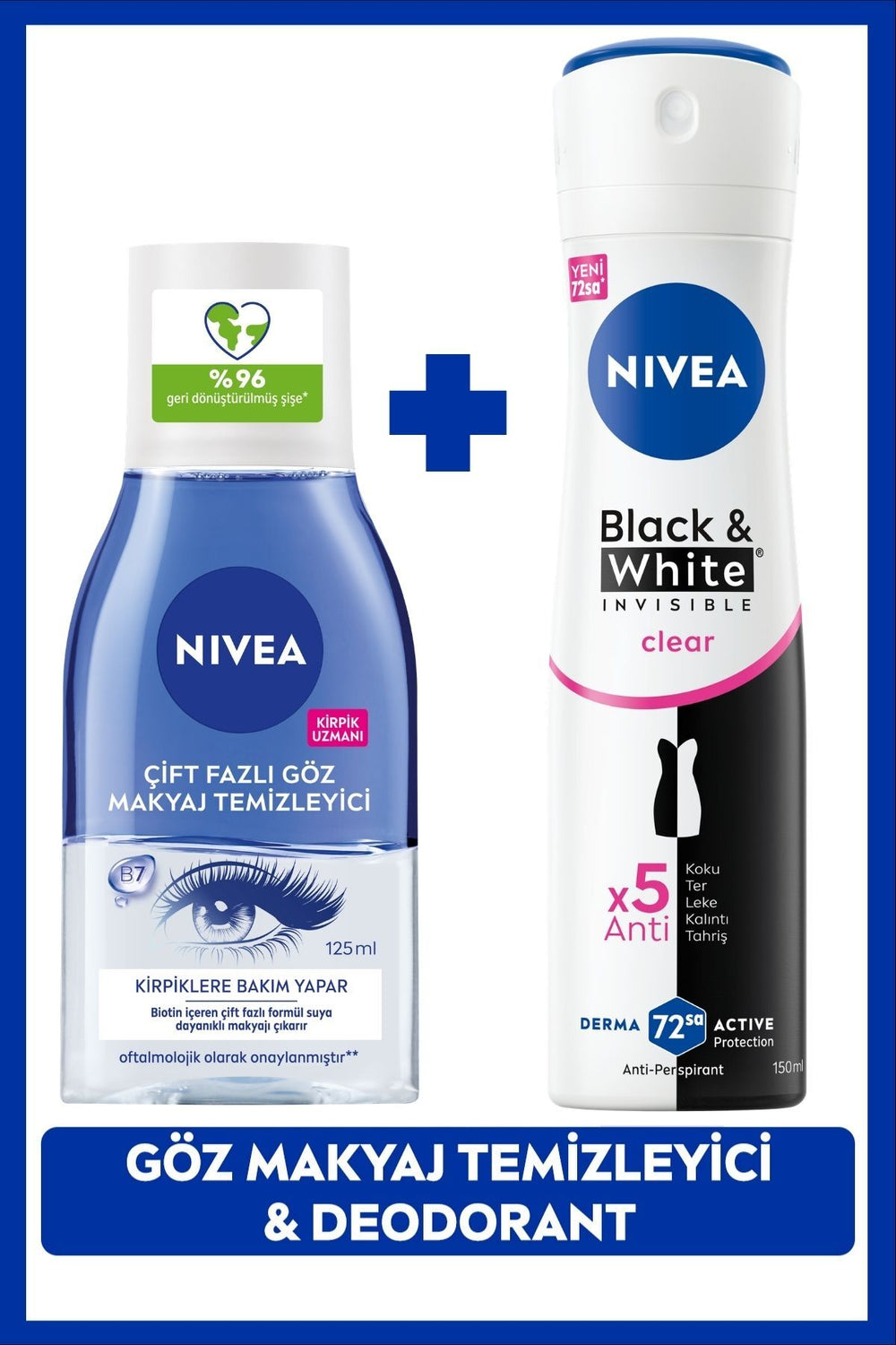 Nivea Dual Phase Eye Makeup Remover 125ml and Women's Spray Deodorant Black&White Invisible Clear 150ml