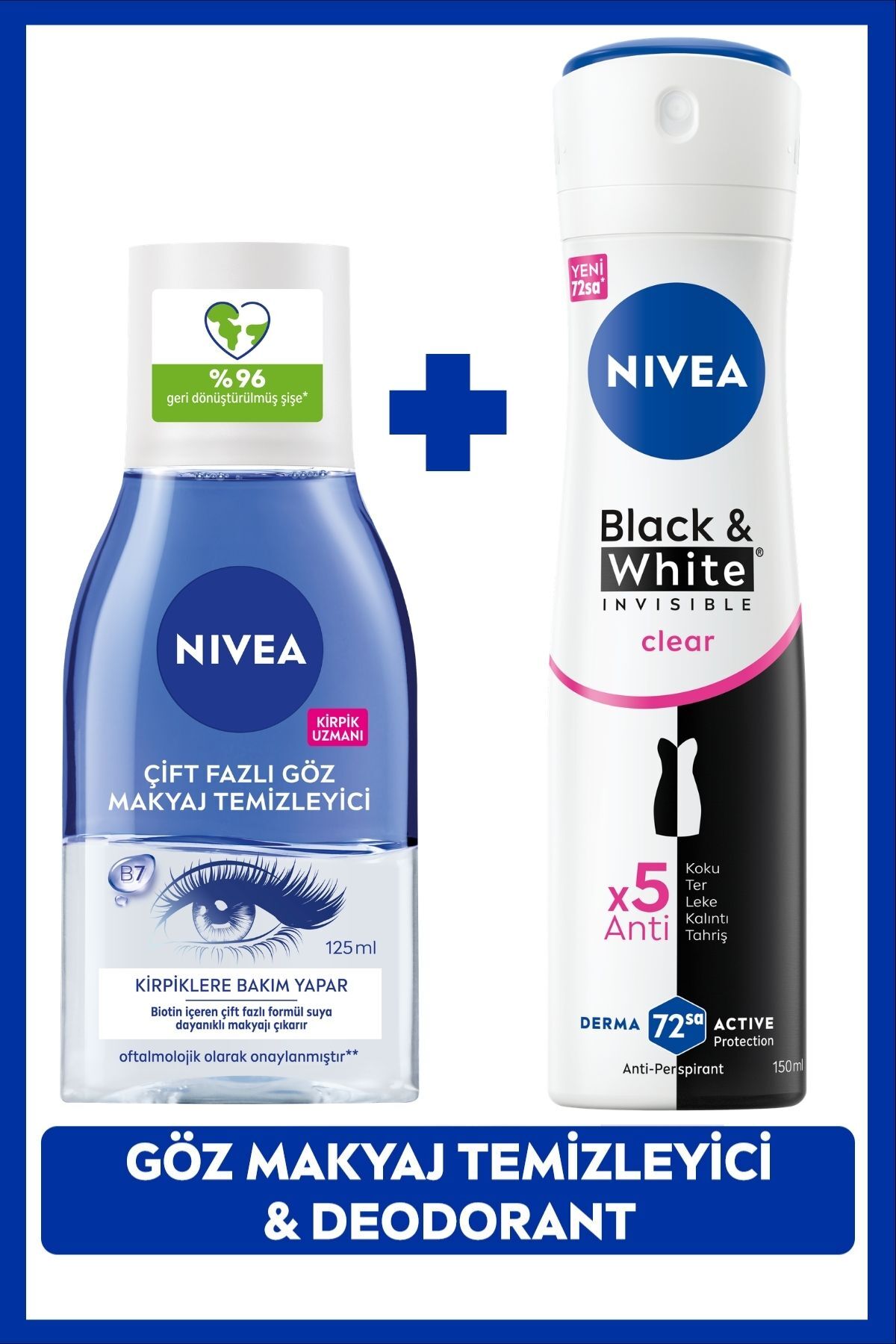 Nivea Dual Phase Eye Makeup Remover 125ml and Women's Spray Deodorant Black&White Invisible Clear 150ml
