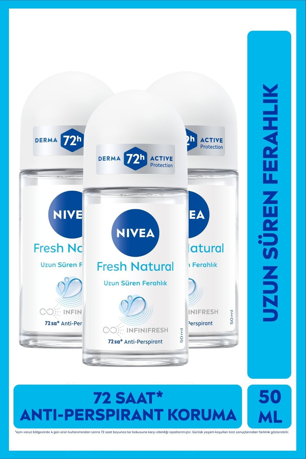 Nivea Women's Roll-on Deodorant Fresh Natural 50ml, 72 Hours Anti-Perspirant Sweat Protection, Alcohol-Free, X3 Pieces
