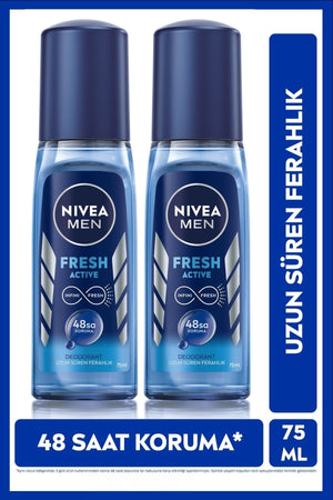 Nivea MEN Men's Pump Spray Deodorant Fresh Active 75ml, 48 Hours Sweat Protection, Long-Lasting Freshness, X2 Pieces