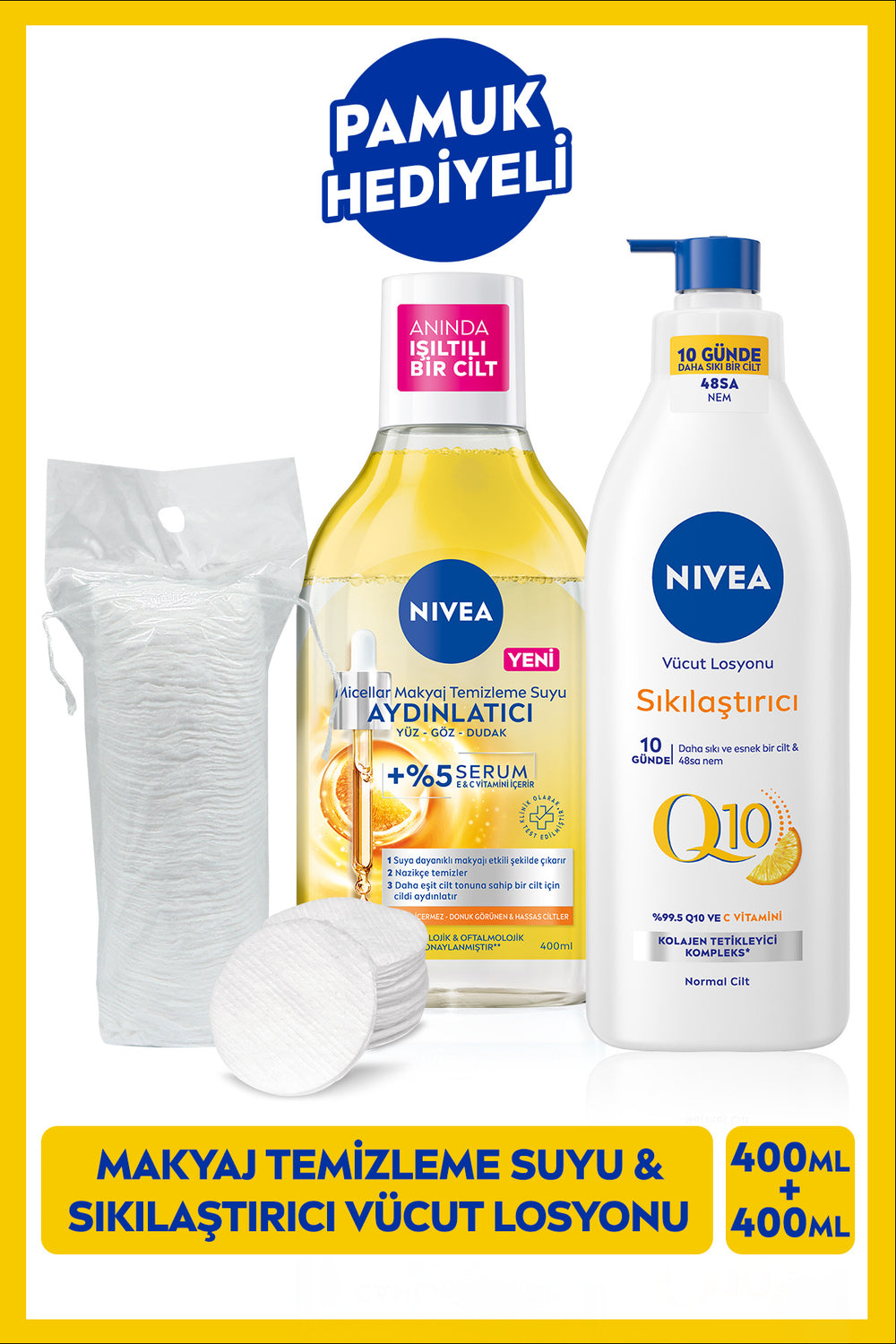 Nivea Brightening Micellar Make-up Cleansing Water 400ml and Q10 Firming Lotion 400ml, with Cotton Gift