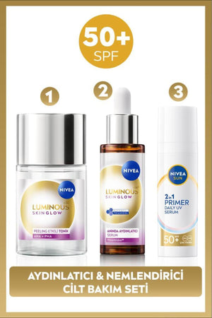 Nivea SUN SPF50 Primer Moisturizing Makeup Base 30ml, Luminous630 Skin Glow Skin Serum 30ml and Tonic 100ml