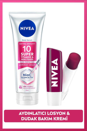 Nivea SPF15 Super10 Brightening, Moisturizing Body Lotion 170ml and Blackberry Lip Care Cream, Care Set