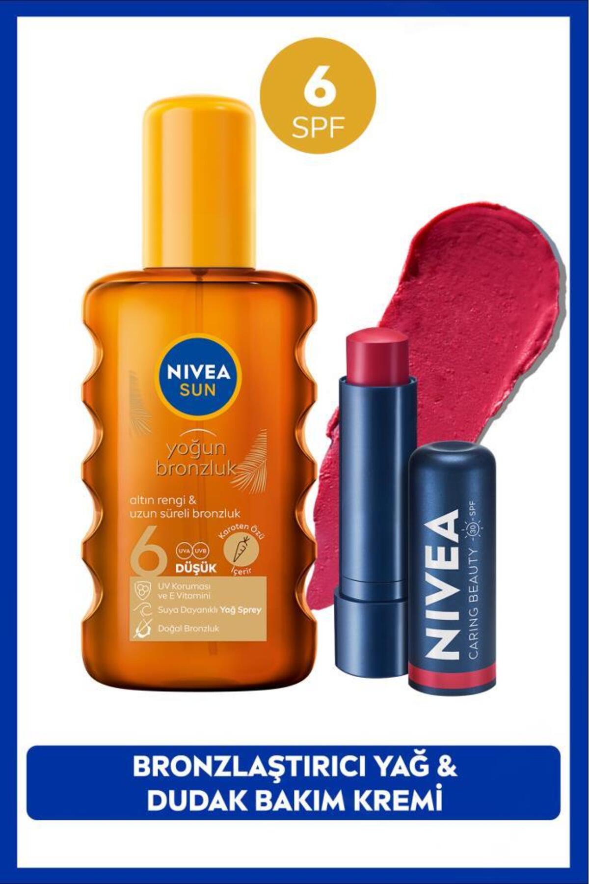 Nivea SUN SPF6 Bronzing Sun Oil 200ml and Red Tinted Moisturizing Lip Care Cream