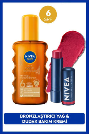 Nivea SUN SPF6 Bronzing Sun Oil 200ml and Red Tinted Moisturizing Lip Care Cream
