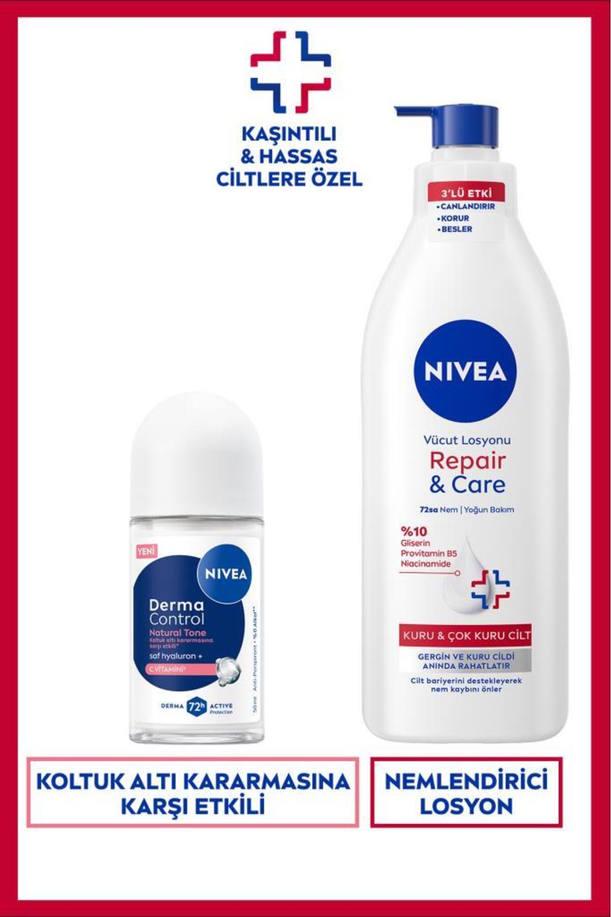 Nivea Women's Roll-on Deodorant Derma Control Natural Tone 50ml and Repair&Care Moisturizing Body Lotion