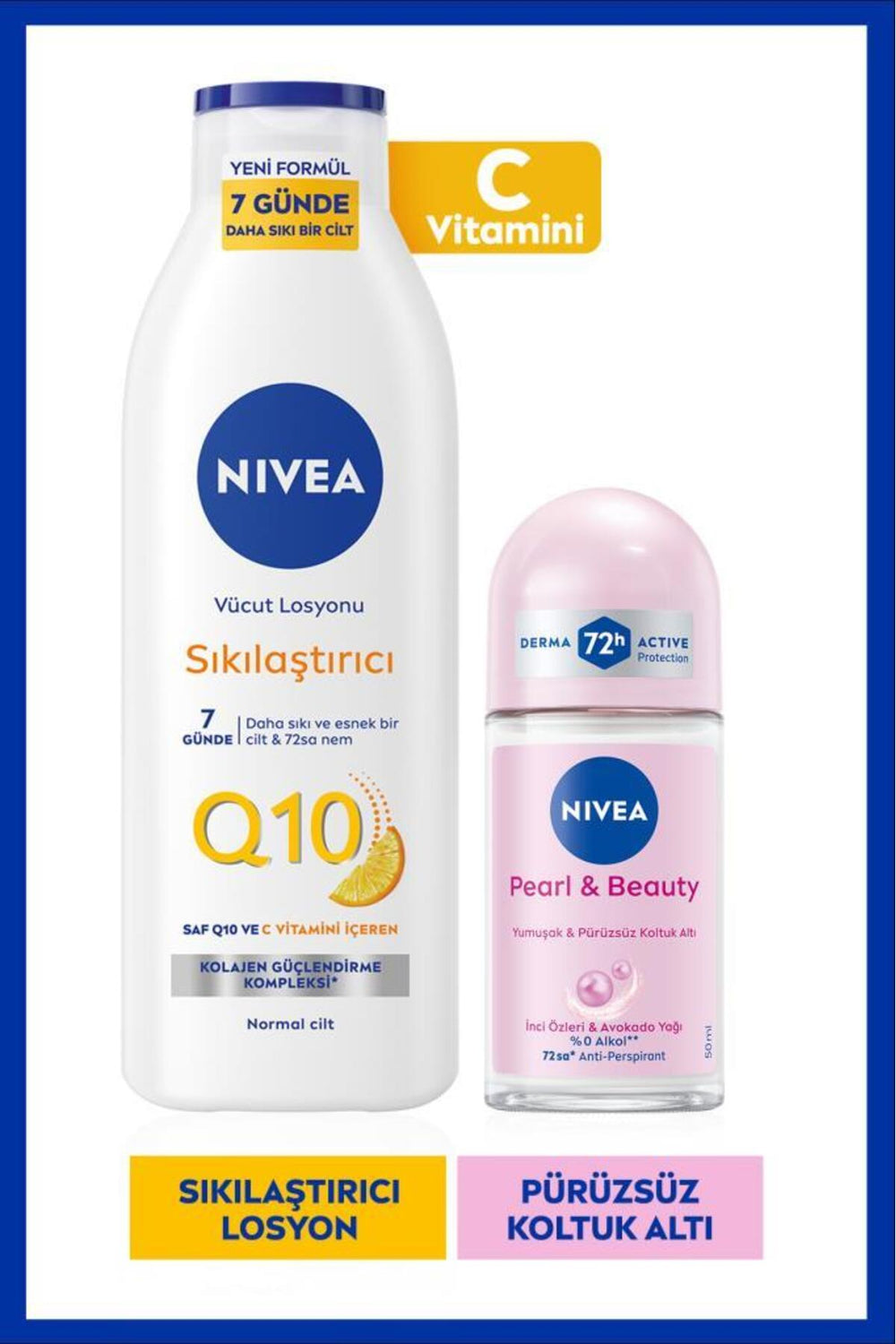 Nivea Q10 Firming Body Care Lotion 250ml and Women's Roll-on Deodorant Pearl&Beauty 50ml