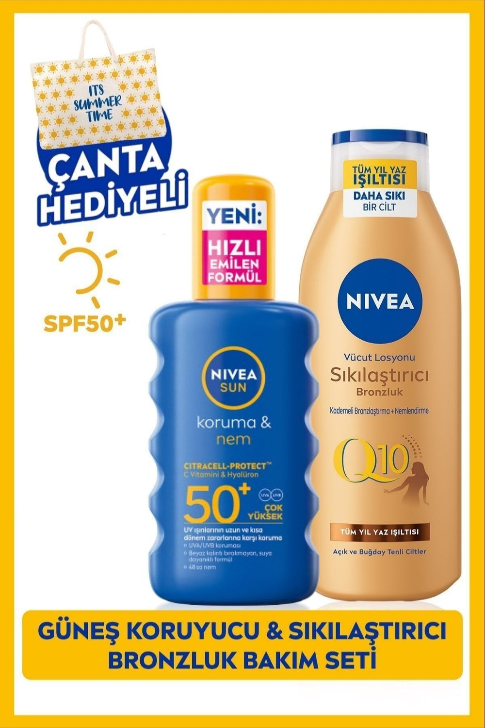 Nivea SUN SPF50+ Sunscreen Spray 200ml and Q10 Bronzing Firming Lotion 250ml, Bag Gift