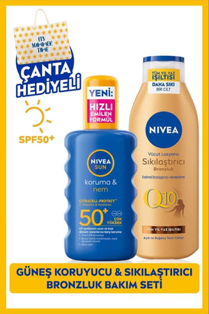 Nivea SUN SPF50+ Sunscreen Spray 200ml and Q10 Bronzing Firming Lotion 250ml, Bag Gift