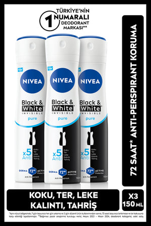 Nivea Women's Spray Deodorant Black&White Invisible Pure 150ml, 72 Hours Sweat Protection, Alcohol-Free, X3 Pieces