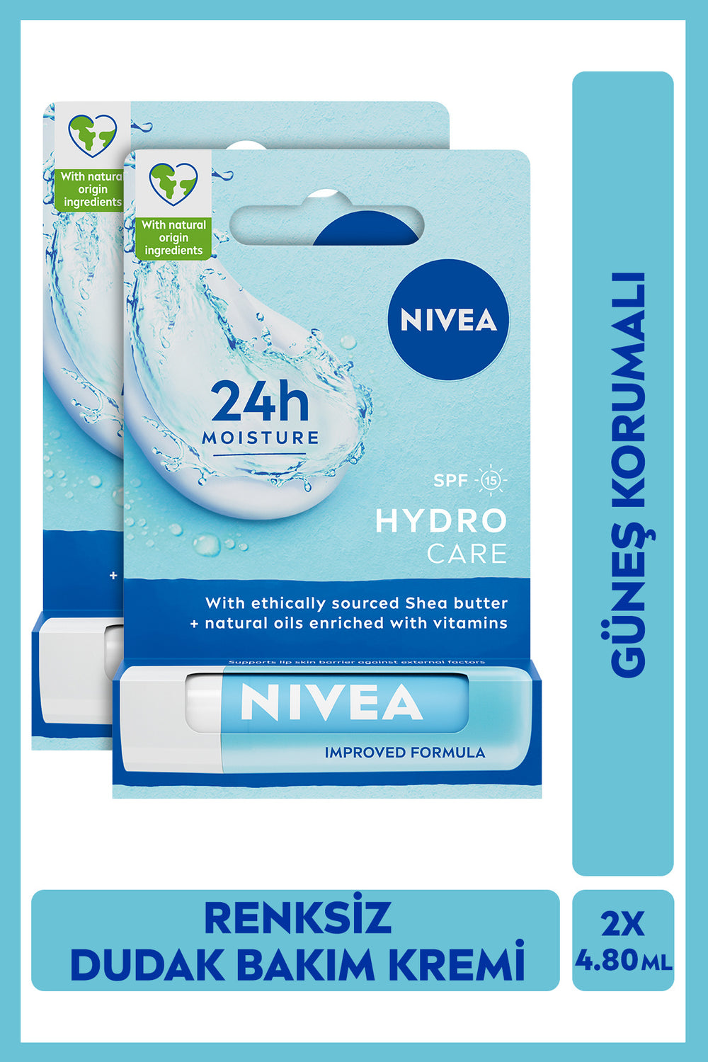 Nivea SPF15 Hydro Care Colorless Lip Care Cream 4.8gr, Sunscreen, X2 Pieces