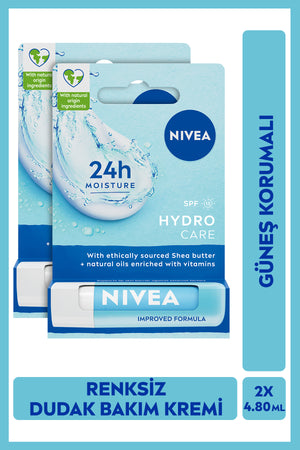 Nivea SPF15 Hydro Care Colorless Lip Care Cream 4.8gr, Sunscreen, X2 Pieces