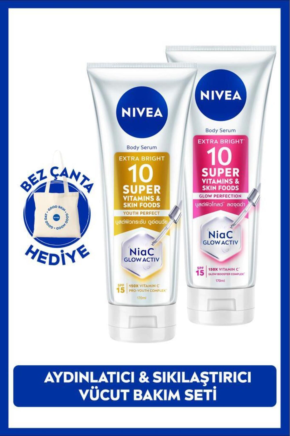 Nivea SPF15 Super10 Serum Effective Firming Body Lotion 170ml and Brightening Lotion, Bag Gift