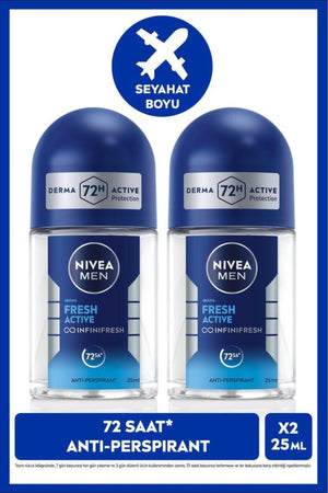 Nivea MEN Men's Roll-on Deodorant Fresh Active 25ml, 72 Hours Anti-perspirant Protection, Travel Size, Alcohol-free