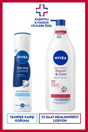 Nivea Women's Spray Deodorant Derma Control Defend 150ml and Repair&Care Moisturizing Body Lotion 400ml