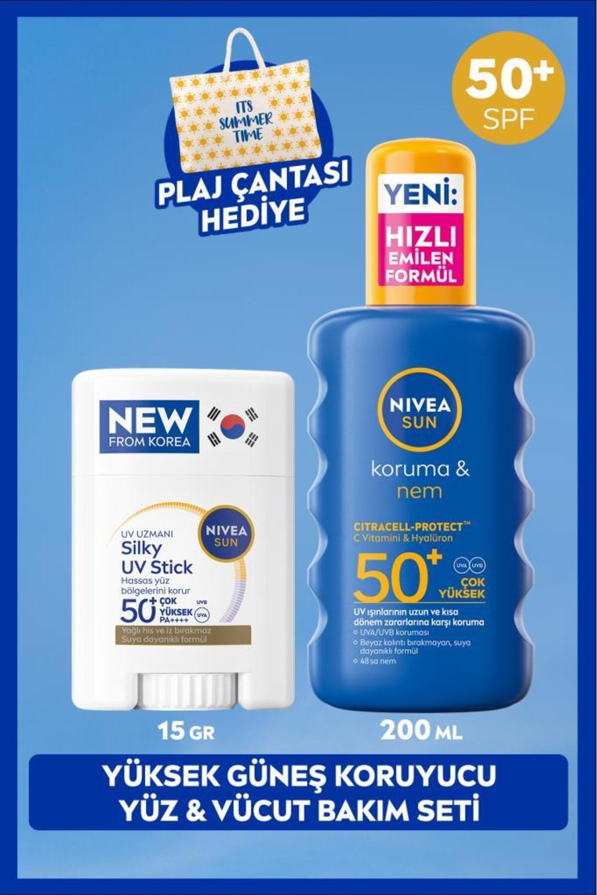 Nivea SUN SPF50+ Sunscreen Korean Stick Face Cream 15gr and Moisturizing Body Spray, Gift Bag