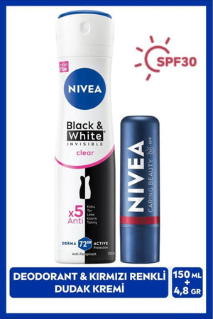 Nivea SPF30 Moisturizing Red Lip Cream and Women's Spray Deodorant Black&white Invisible Clear 150ml
