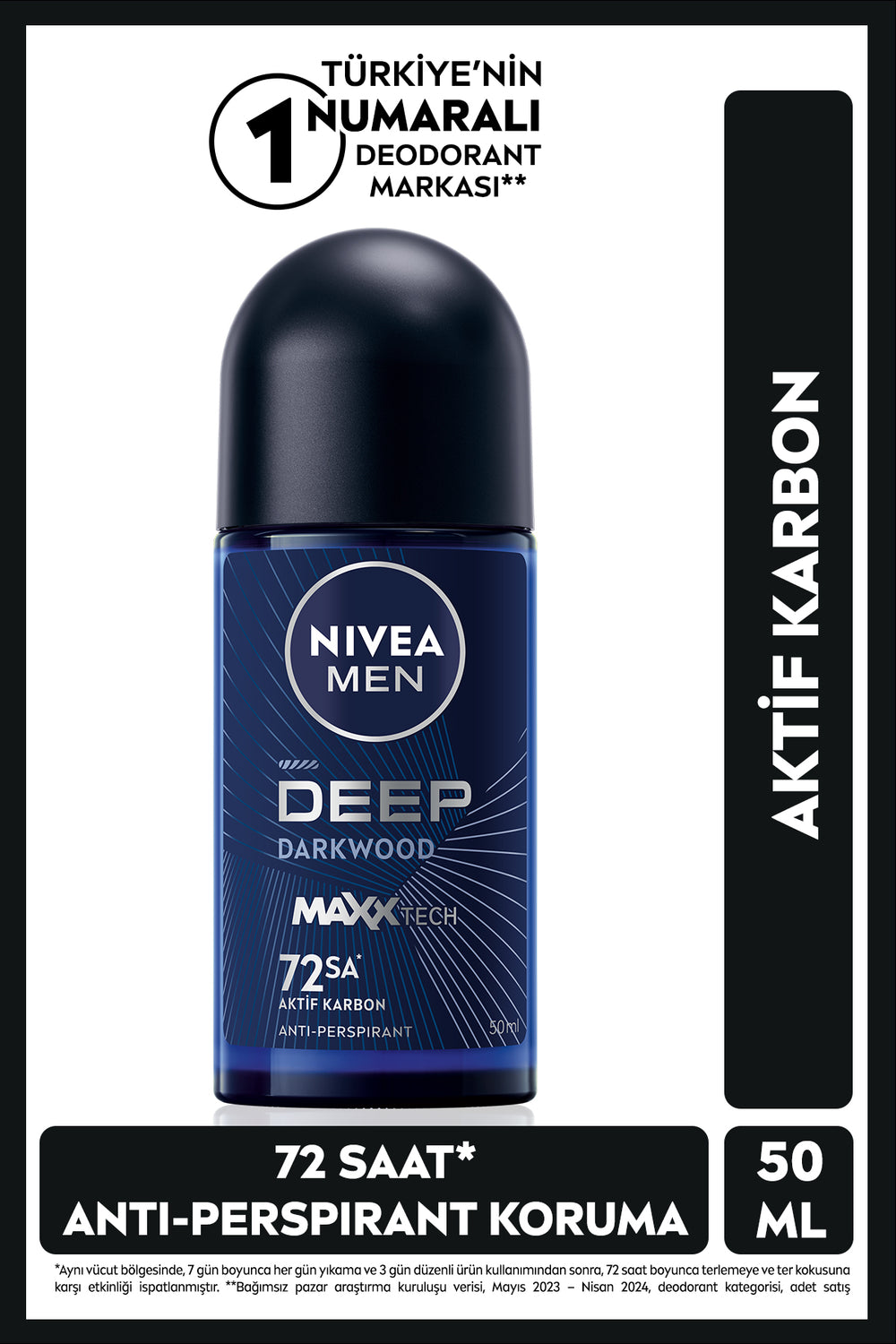 Nivea MEN Men's Roll-on Deodorant Deep Darkwood Activated Carbon 50ml, 72 Hours Anti-perspirant Sweat Protection