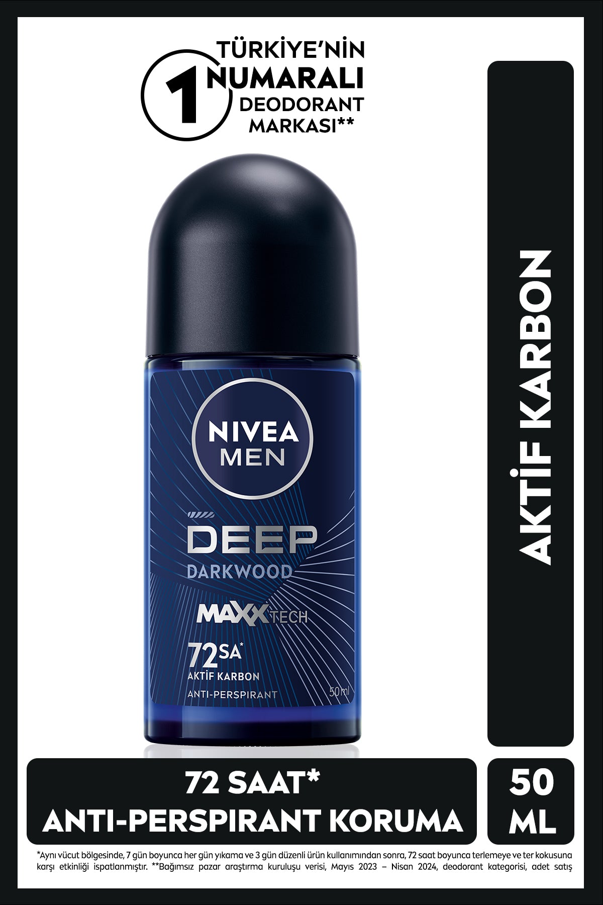 Nivea MEN Men's Roll-on Deodorant Deep Darkwood Activated Carbon 50ml, 72 Hours Anti-perspirant Sweat Protection