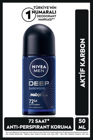 Nivea MEN Men's Roll-on Deodorant Deep Darkwood Activated Carbon 50ml, 72 Hours Anti-perspirant Sweat Protection