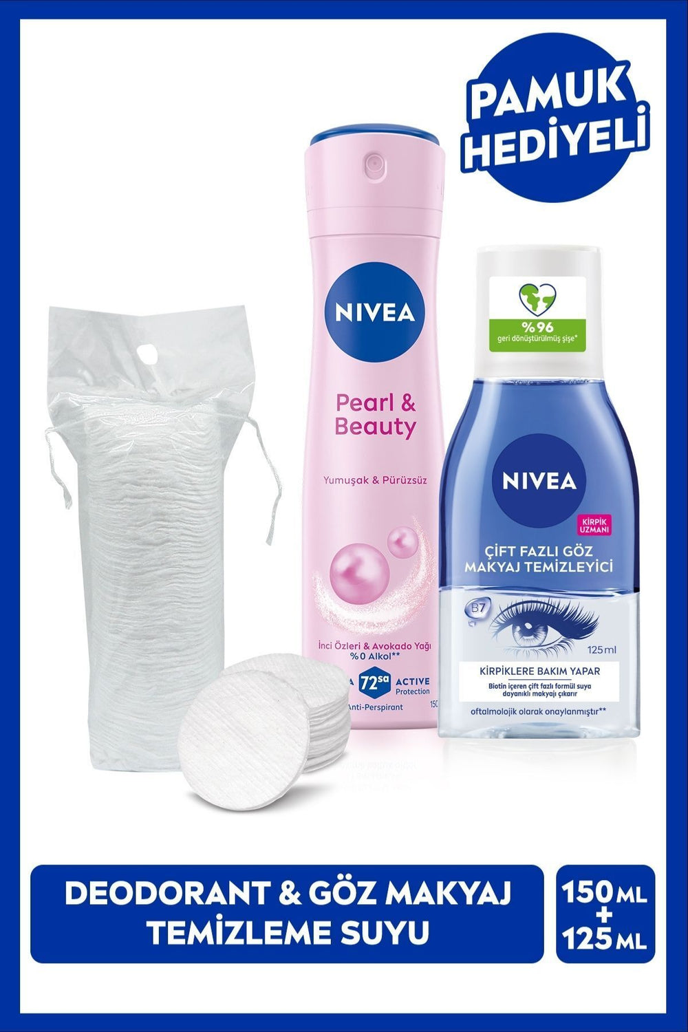 Nivea Dual Phase Eye Make-up Cleansing Water 125ml and Women's Spray Deodorant Pearl&Beauty 150ml, Cotton Gift
