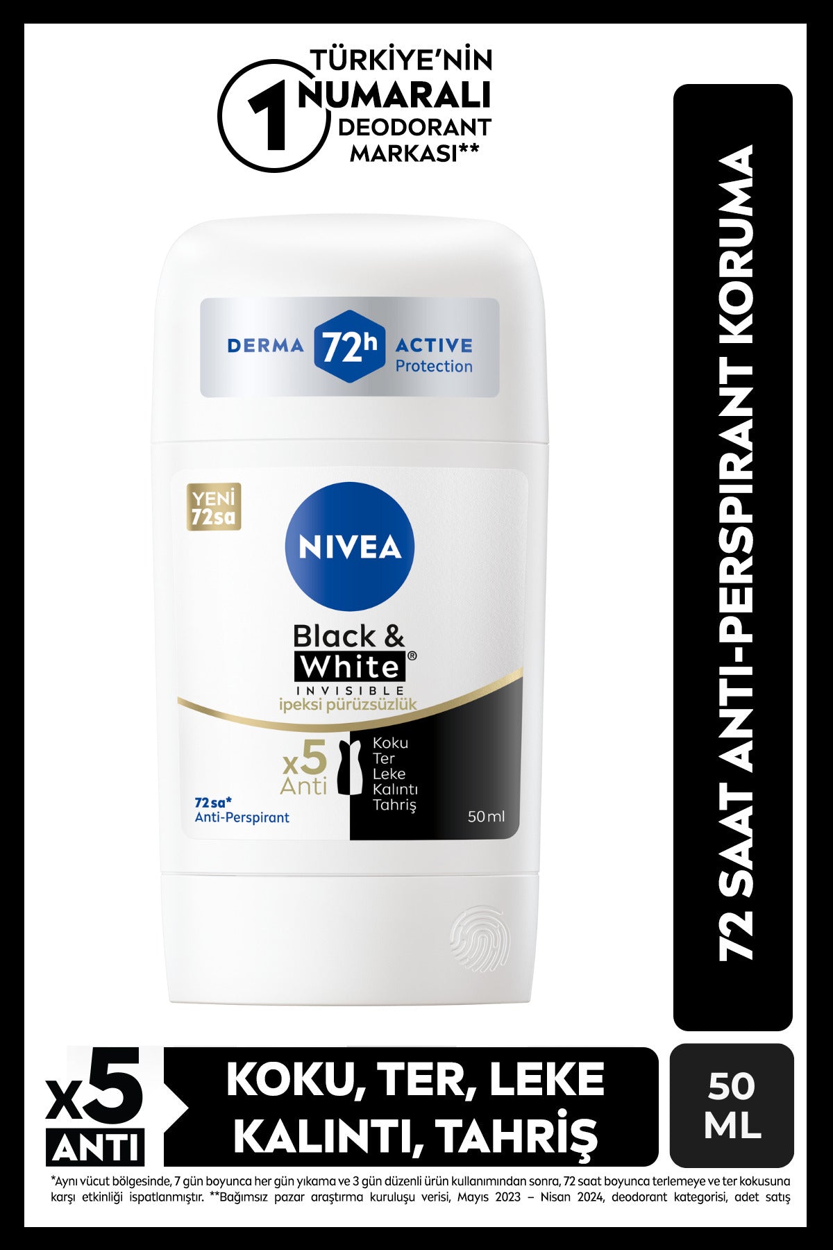 Nivea Women's Stick Deodorant Black&White Invisible Silky Smoothness 50ml, 72 Hours Anti-Sweat, Alcohol-free