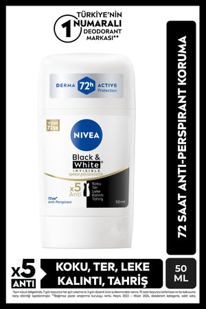 Nivea Women's Stick Deodorant Black&White Invisible Silky Smoothness 50ml, 72 Hours Anti-Sweat, Alcohol-free