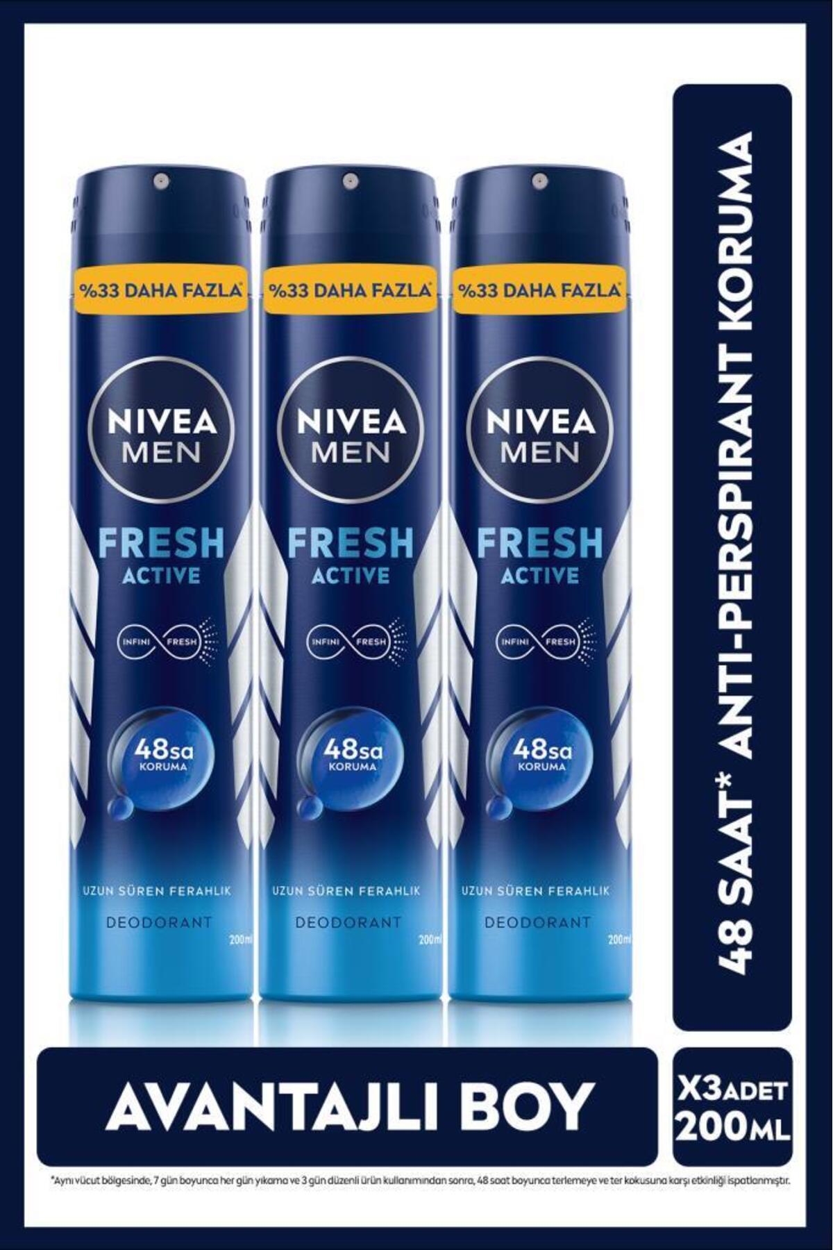 Nivea Men's Spray Deodorant Fresh Active 200ml, 48 Hours Protection Against Sweat Odor, Advantageous Size, x3 Pieces