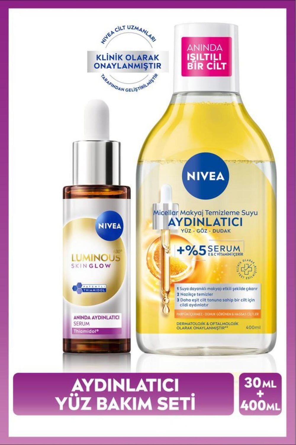 Nivea Luminous630 Skin Glow Illuminating Serum 30ml and Illuminating Micellar Makeup Cleansing Water 400ml, Se
