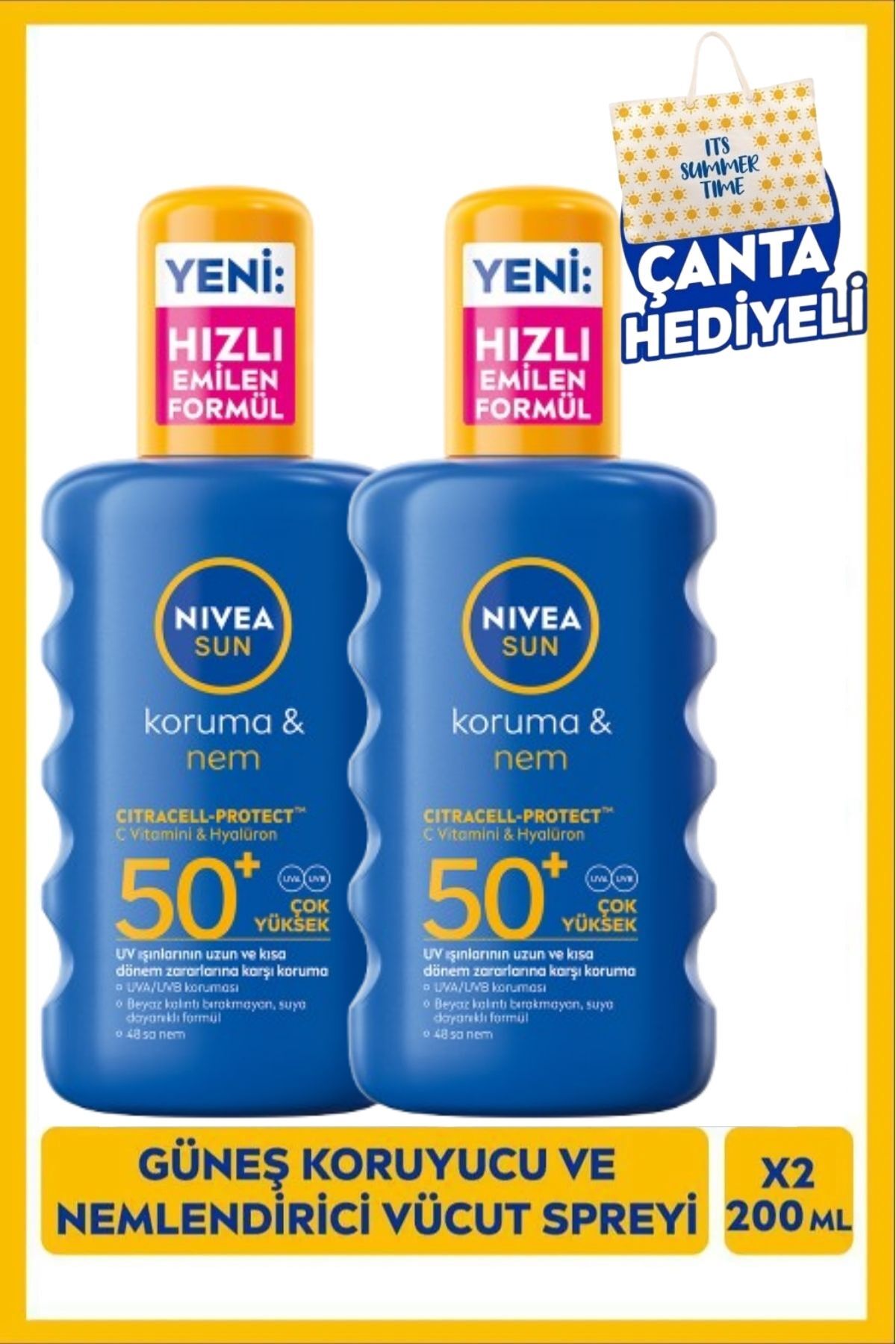 Nivea SUN SPF50+ High Sun Protection and Moisturizing Body Spray 200ml, X2 Pieces, Beach Bag Gift