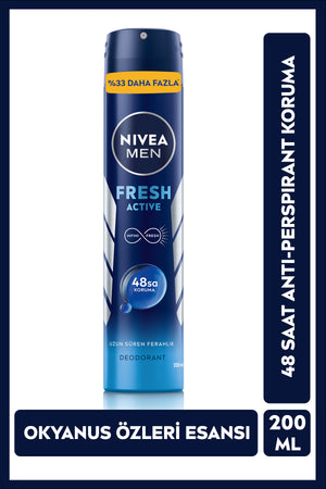 Nivea MEN Men's Spray Deodorant Fresh Active 200ml, 48 Hour Protection Against Sweat Odor, Long-Lasting Freshness