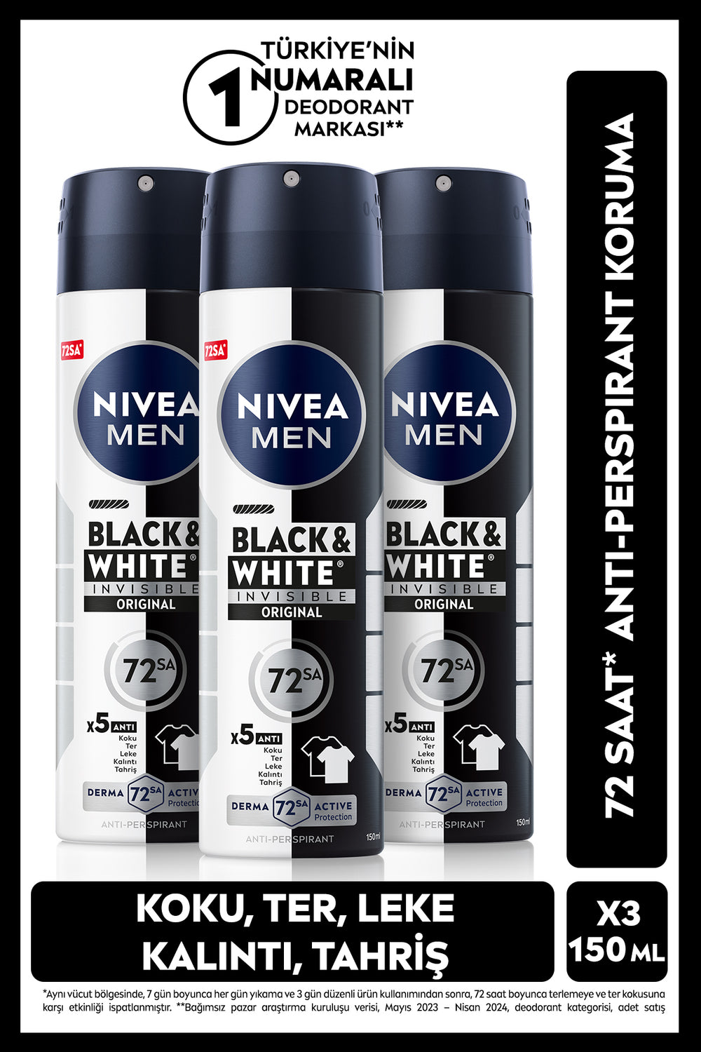Nivea MEN Men's Spray Deodorant Black&White Invisible Original 150ml, 72 Hours Sweat Protection, Alcohol-Free, X3pcs