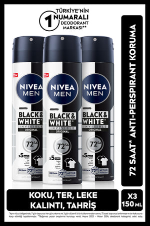 Nivea MEN Men's Spray Deodorant Black&White Invisible Original 150ml, 72 Hours Sweat Protection, Alcohol-Free, X3pcs