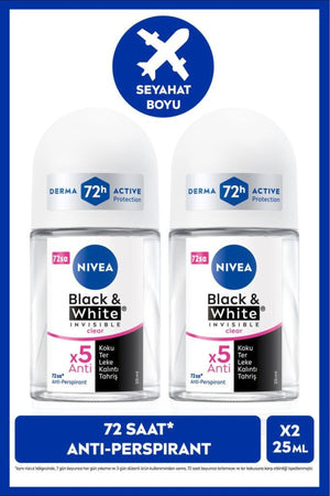 Nivea Women's Roll-on Deodorant Black&White Invisible Clear 25ml, 72 Hours Anti-perspirant Sweat Protection